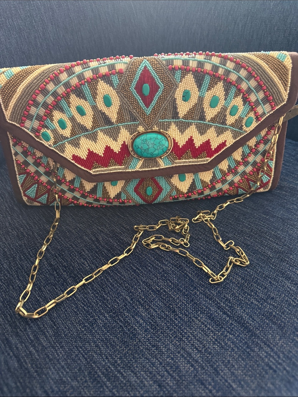 Mary Frances Turquoise, Red & Cream Beaded Envelope Clutch with Stone Accent - Picture 4 of 5